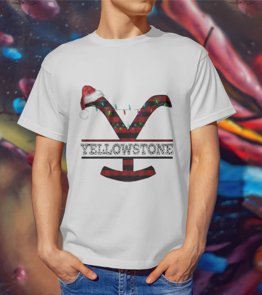 Yellowstone Christmas Santa Hat Lights Buffalo Plaid T-Shirt