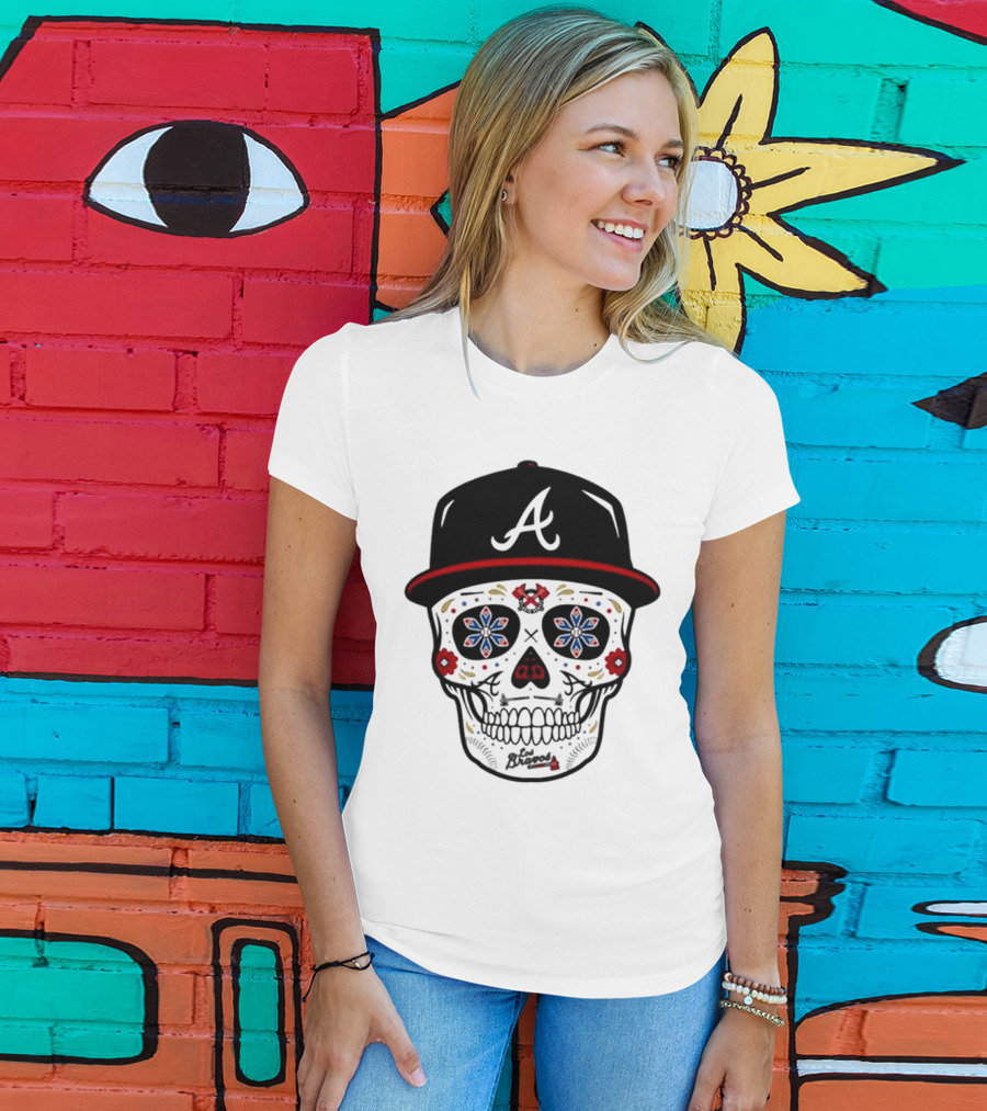 Atlanta Braves Sugar Skull Cap With Floral Elements T-Shirt