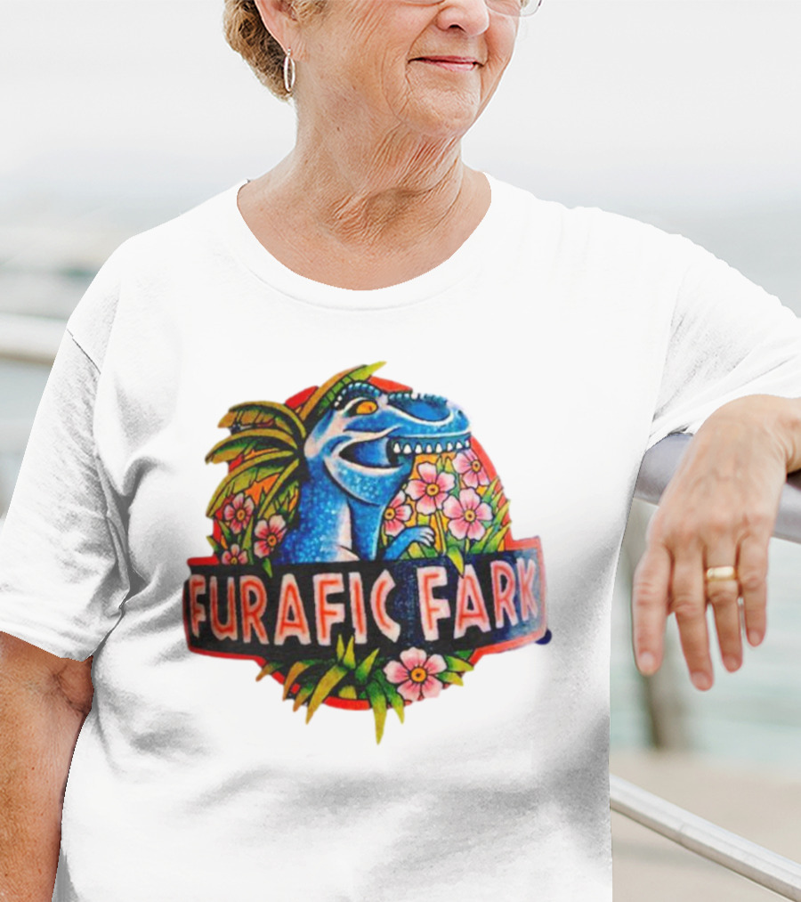 Furafic Fark Dinosaur With Tropical Flowers And Palm Leaves T-Shirt