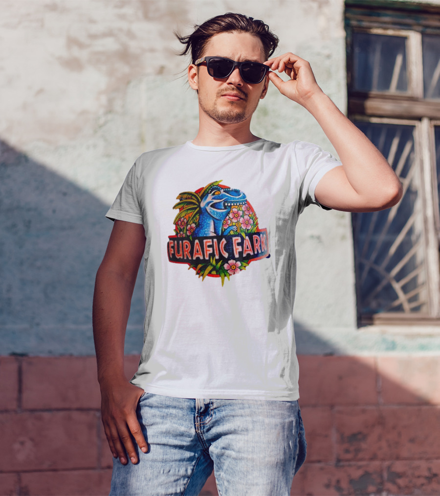 Furafic Fark Dinosaur With Tropical Flowers And Palm Leaves T-Shirt