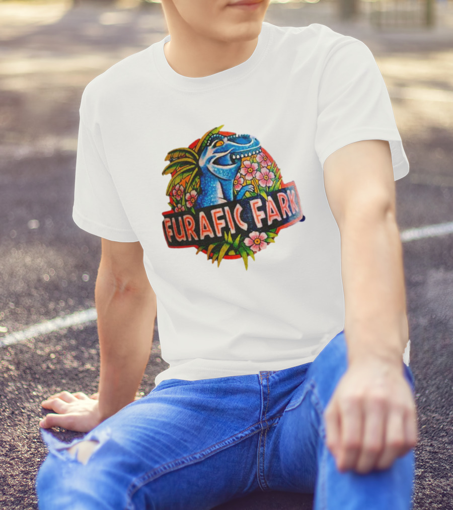 Furafic Fark Dinosaur With Tropical Flowers And Palm Leaves T-Shirt