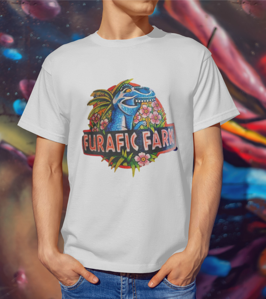 Furafic Fark Dinosaur With Tropical Flowers And Palm Leaves T-Shirt