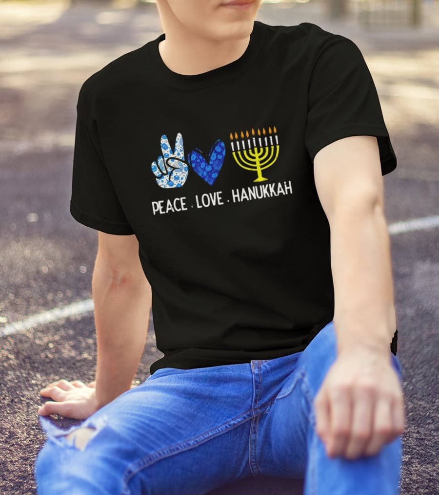 Peace Love Hanukkah Menorah Symbol Blue T-Shirt