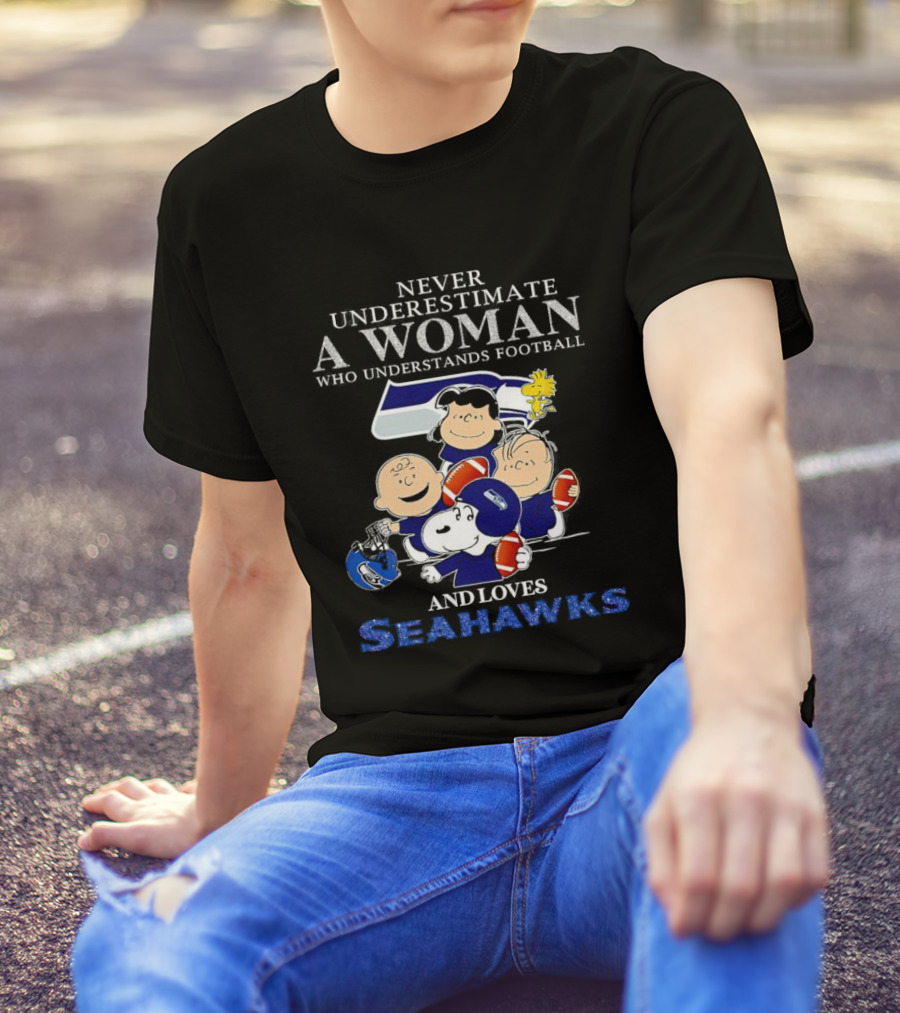 Never Underestimate A Woman Who Understands Football And Loves Seahawks With Peanuts Characters T-Shirt