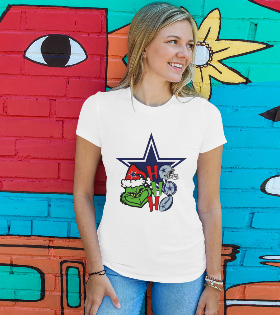 Santa Grinch Ho Ho Ho Dallas Cowboys Christmas Star Helmet T-Shirt