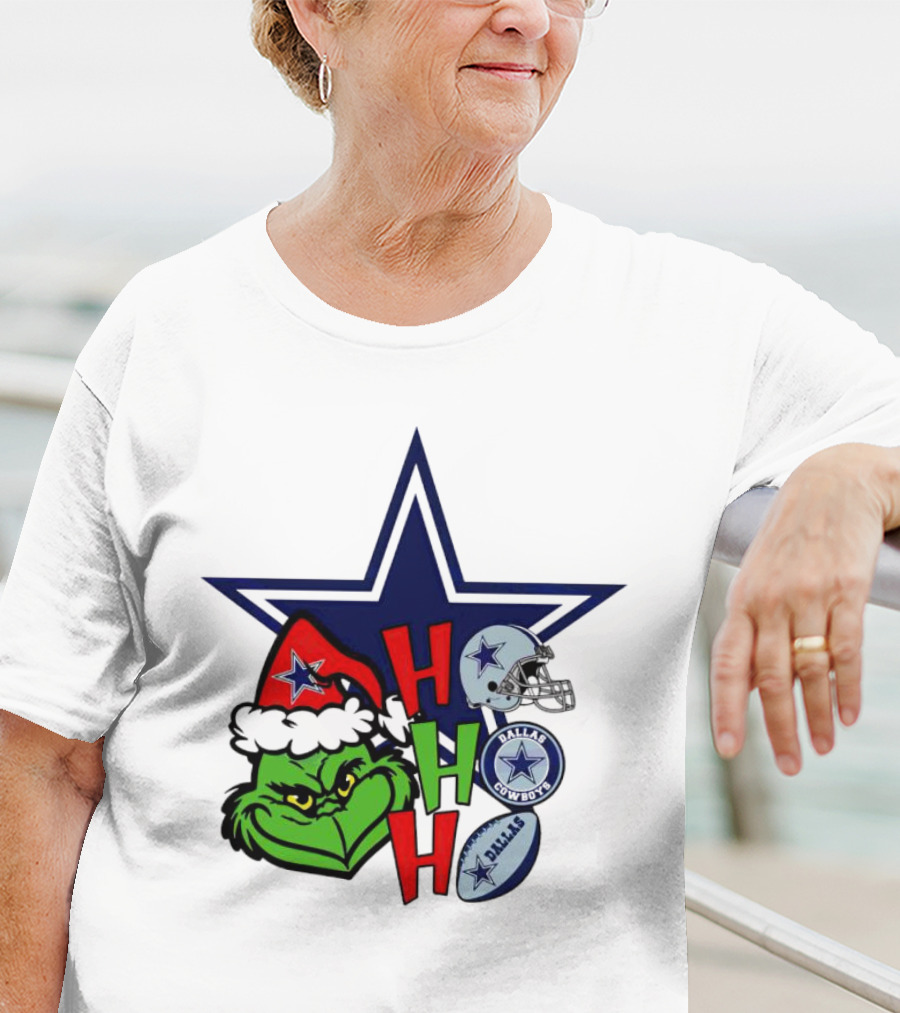 Santa Grinch Ho Ho Ho Dallas Cowboys Christmas Star Helmet T-Shirt