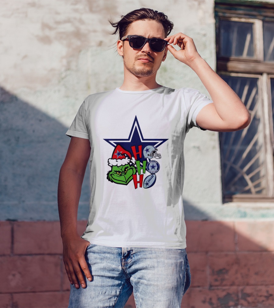 Santa Grinch Ho Ho Ho Dallas Cowboys Christmas Star Helmet T-Shirt