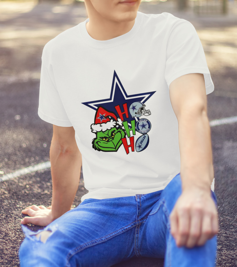 Santa Grinch Ho Ho Ho Dallas Cowboys Christmas Star Helmet T-Shirt