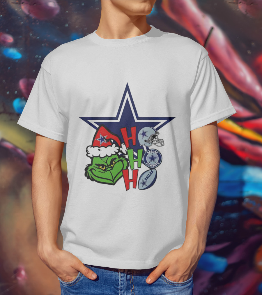 Santa Grinch Ho Ho Ho Dallas Cowboys Christmas Star Helmet T-Shirt