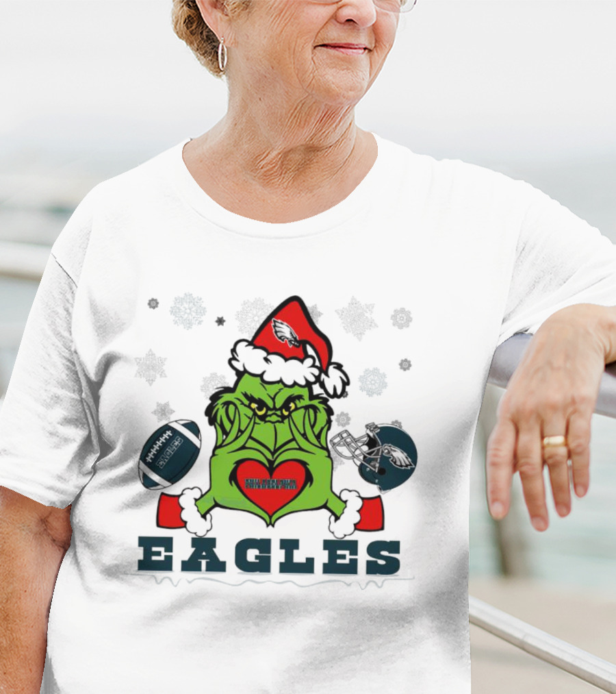 Grinch Santa Heart Philadelphia Eagles Christmas Football Helmet T-Shirt