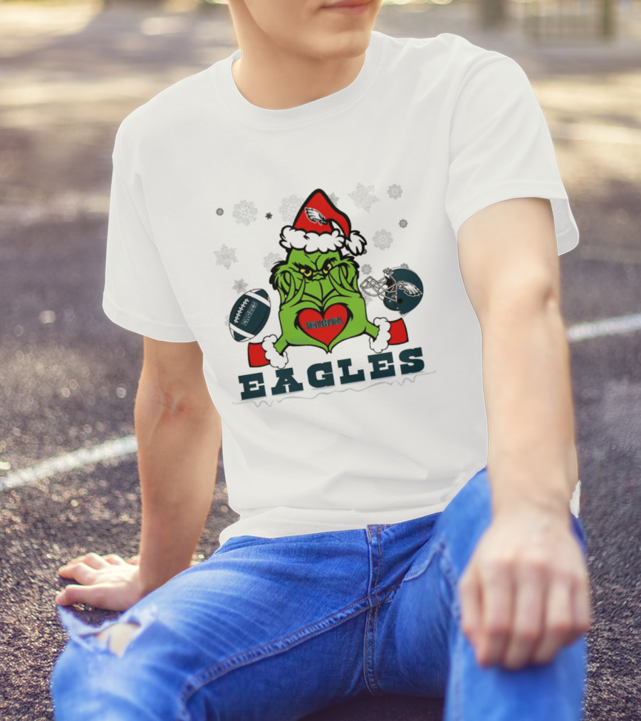 Grinch Santa Heart Philadelphia Eagles Christmas Football Helmet T-Shirt