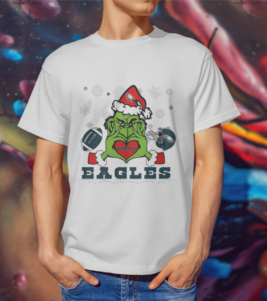 Grinch Santa Heart Philadelphia Eagles Christmas Football Helmet T-Shirt