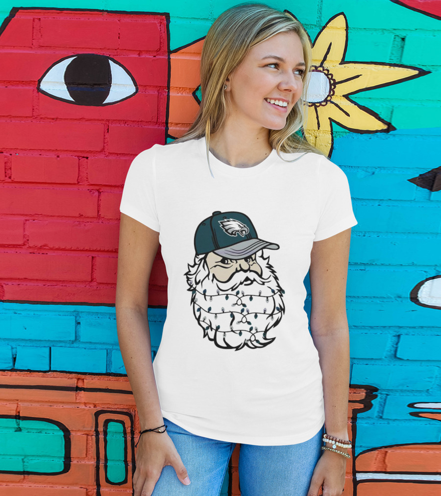 Philadelphia Eagles Santa Hat Christmas Lights Beard T-Shirt
