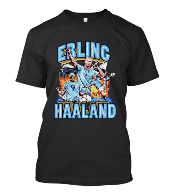 Erling Haaland MCFC Soccer Collage With Fiery Stadium Background T-Shirt
