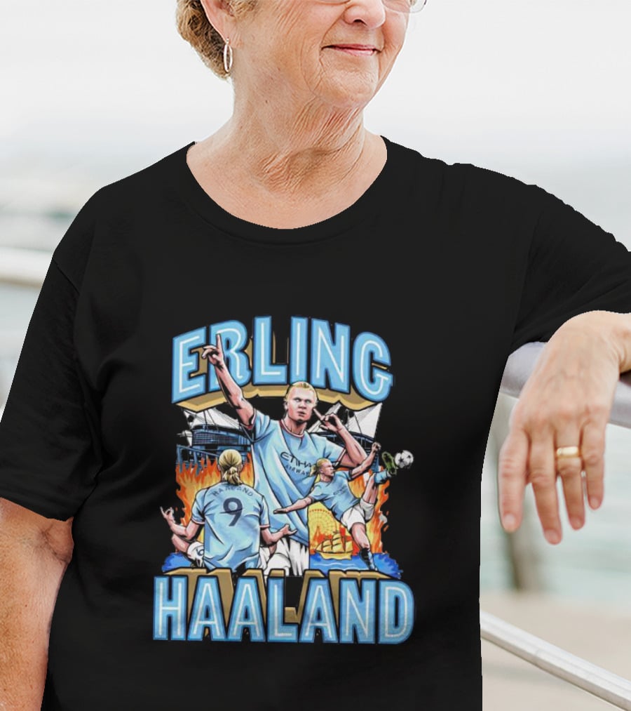 Erling Haaland MCFC Soccer Collage With Fiery Stadium Background T-Shirt