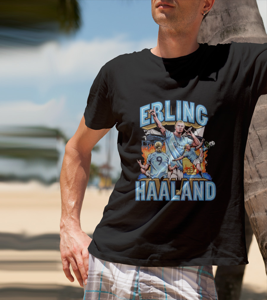 Erling Haaland MCFC Soccer Collage With Fiery Stadium Background T-Shirt