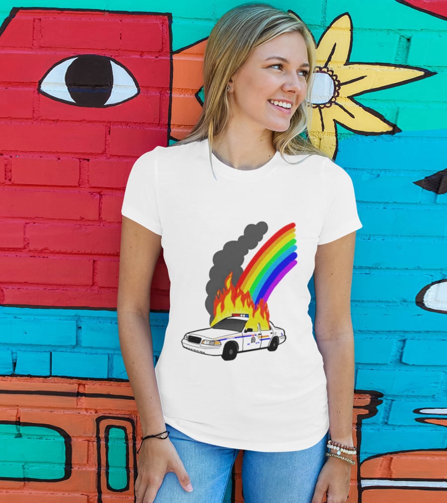 Police Car On Fire With Rainbow Flames T-Shirt