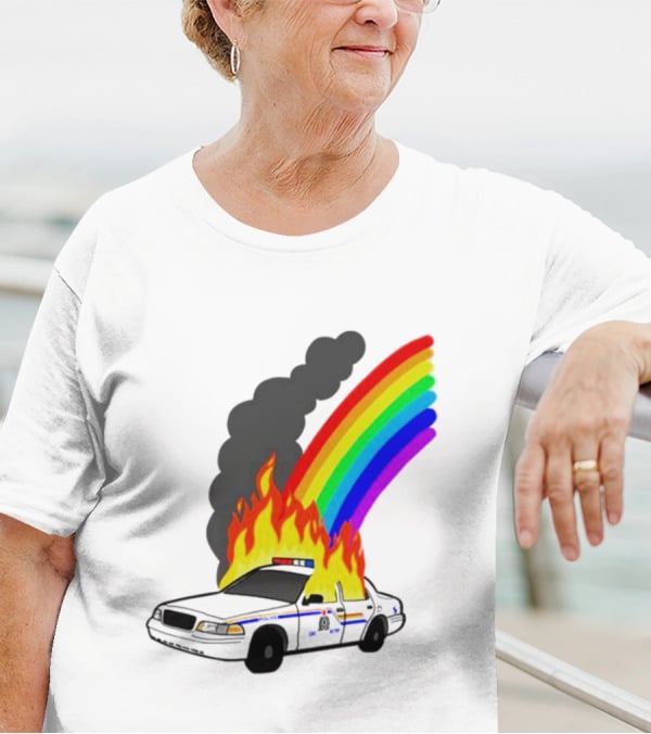 Police Car On Fire With Rainbow Flames T-Shirt