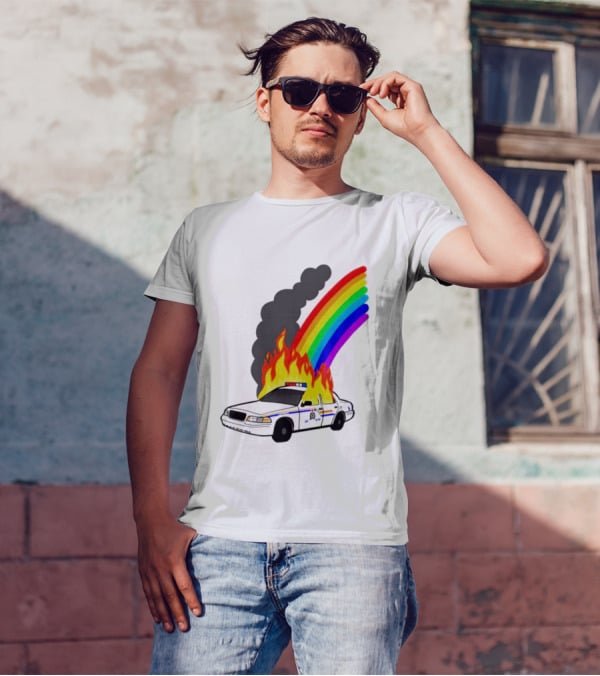 Police Car On Fire With Rainbow Flames T-Shirt
