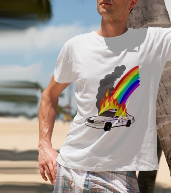 Police Car On Fire With Rainbow Flames T-Shirt