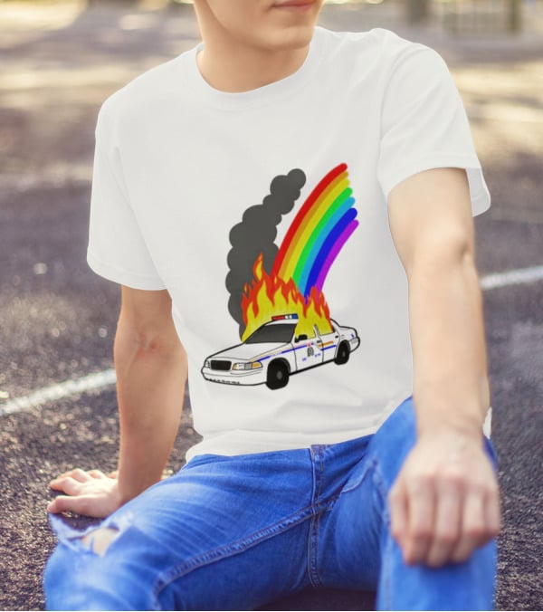 Police Car On Fire With Rainbow Flames T-Shirt