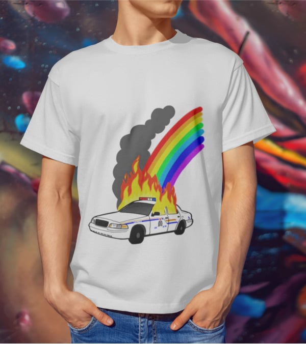 Police Car On Fire With Rainbow Flames T-Shirt