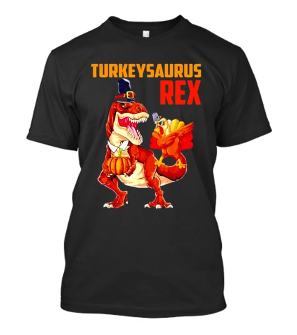 Turkeysaurus Rex Thanksgiving Dinosaur Holding Pumpkin And Turkey With Pilgrim Hat T-Shirt