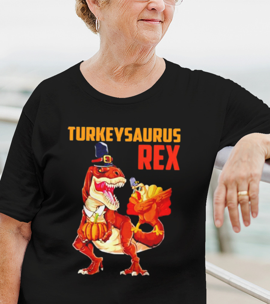 Turkeysaurus Rex Thanksgiving Dinosaur Holding Pumpkin And Turkey With Pilgrim Hat T-Shirt