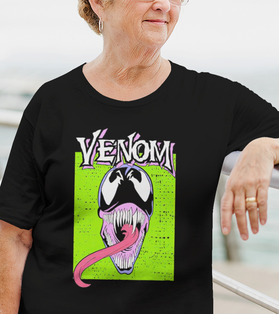 Venom Marvel Neon Pink Tongue Green Background T-Shirt