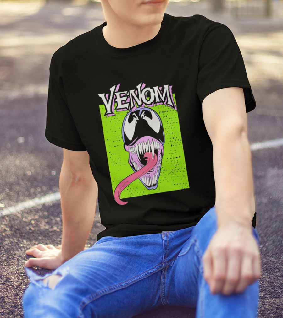 Venom Marvel Neon Pink Tongue Green Background T-Shirt