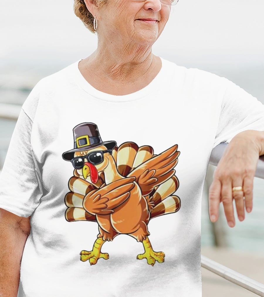 Thanksgiving Turkey Dabbing With Pilgrim Hat And Sunglasses T-Shirt