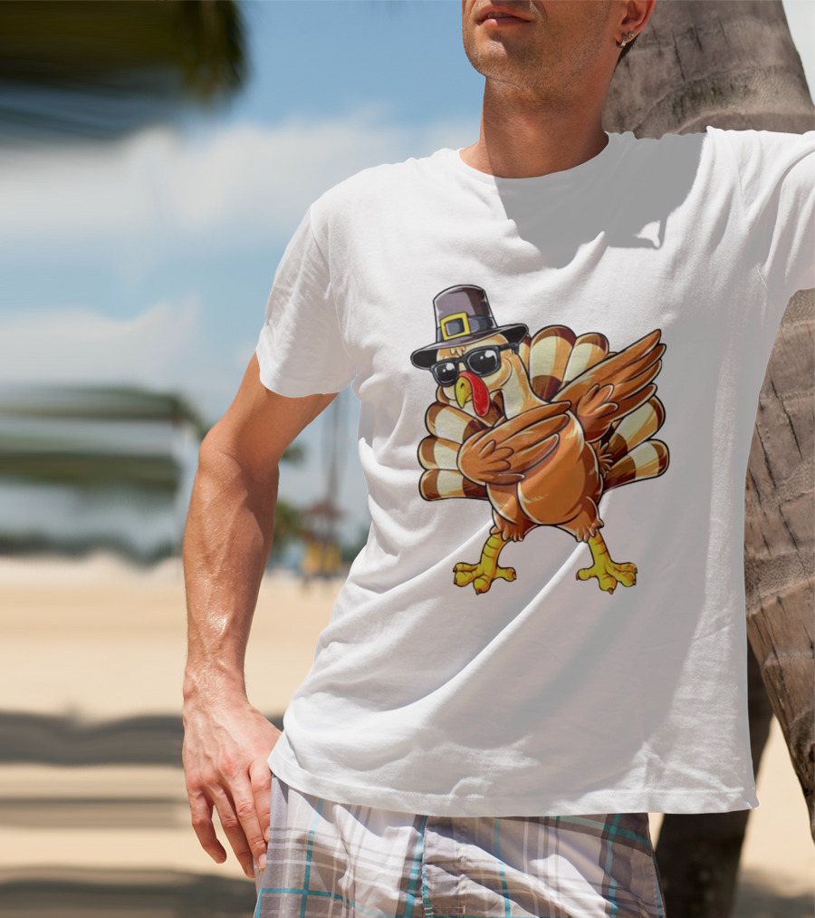 Thanksgiving Turkey Dabbing With Pilgrim Hat And Sunglasses T-Shirt