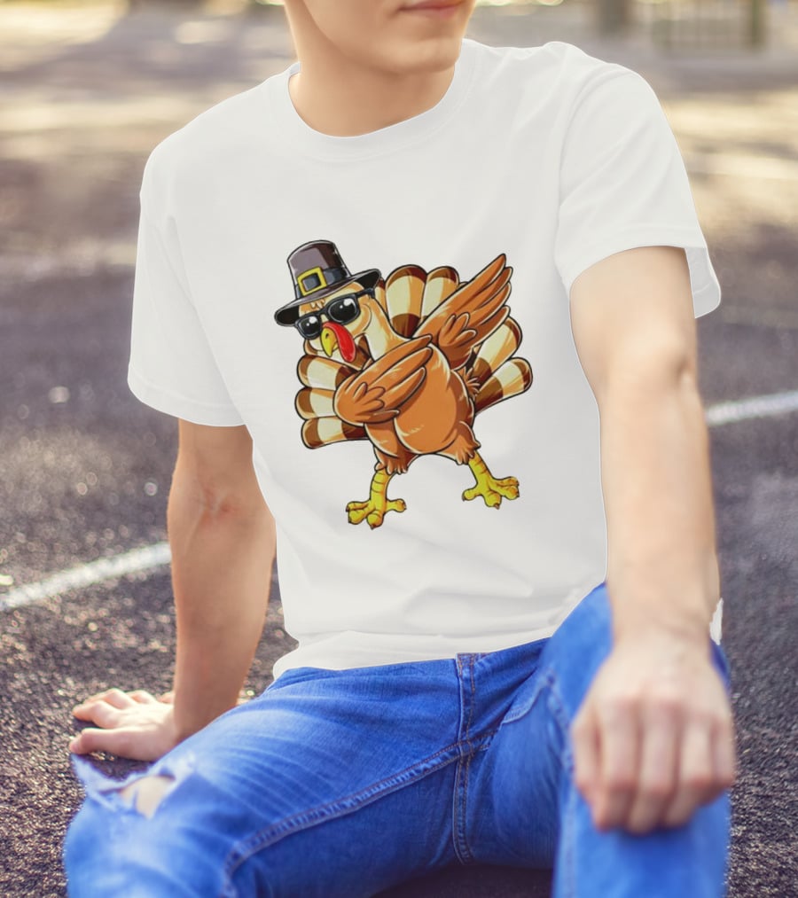 Thanksgiving Turkey Dabbing With Pilgrim Hat And Sunglasses T-Shirt