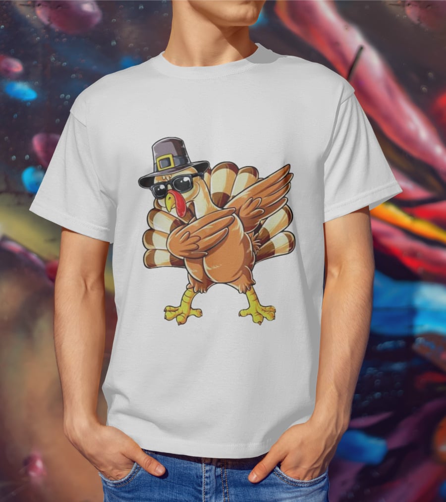 Thanksgiving Turkey Dabbing With Pilgrim Hat And Sunglasses T-Shirt