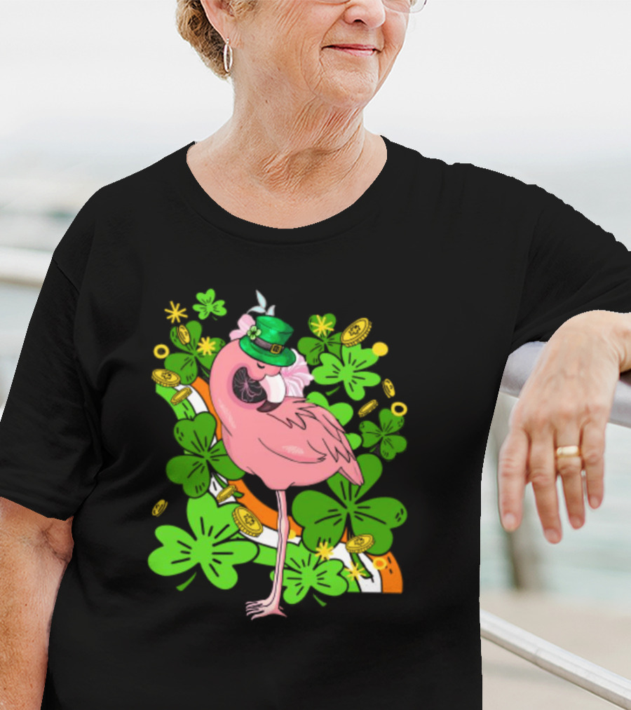 Flamingo St Patricks Day Pink Bird Shamrocks And Leprechaun Hat With Gold Coins T-Shirt