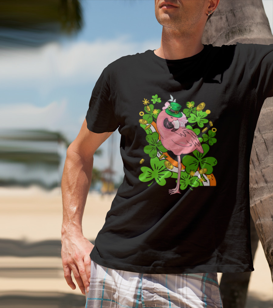Flamingo St Patricks Day Pink Bird Shamrocks And Leprechaun Hat With Gold Coins T-Shirt