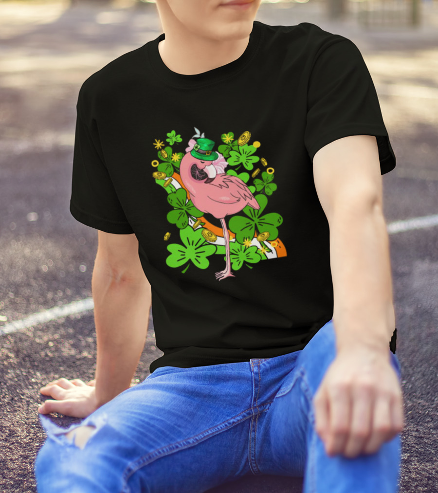 Flamingo St Patricks Day Pink Bird Shamrocks And Leprechaun Hat With Gold Coins T-Shirt