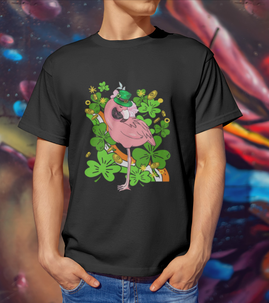 Flamingo St Patricks Day Pink Bird Shamrocks And Leprechaun Hat With Gold Coins T-Shirt