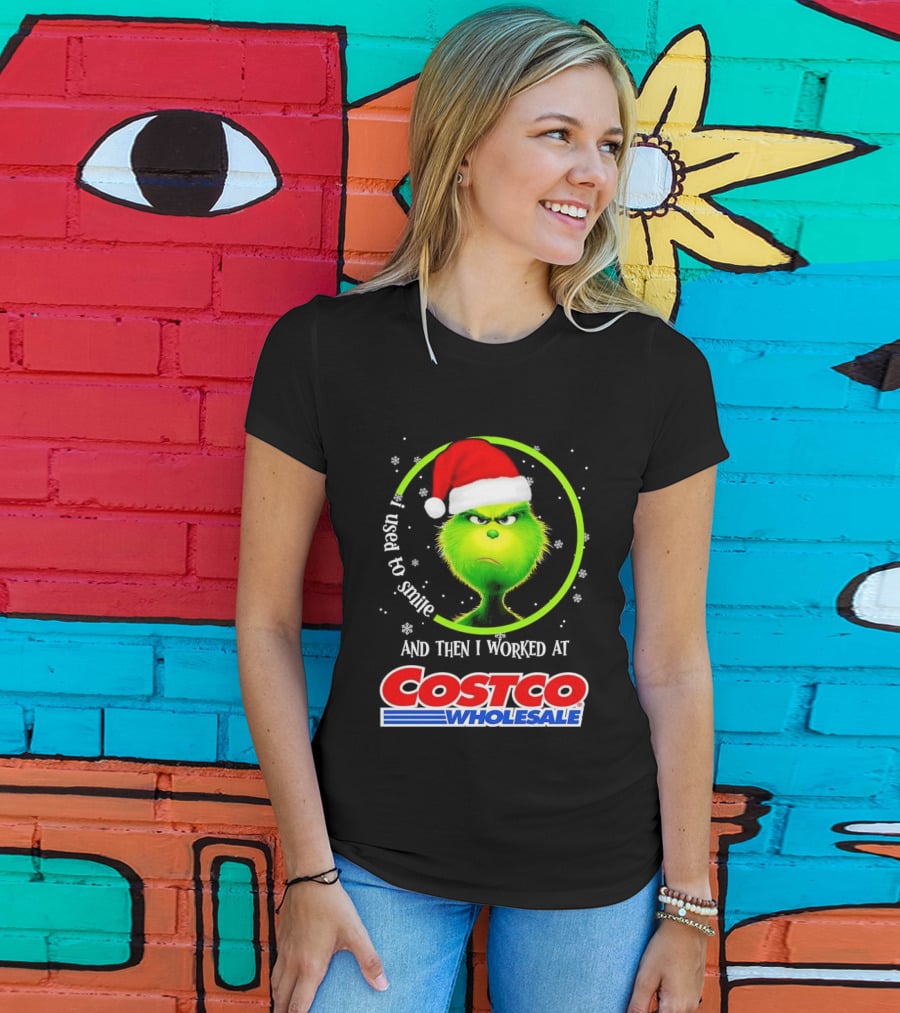 Grinch I Used To Smile And Then I Worked At Costco Wholesale Santa Hat Snowflakes T-Shirt