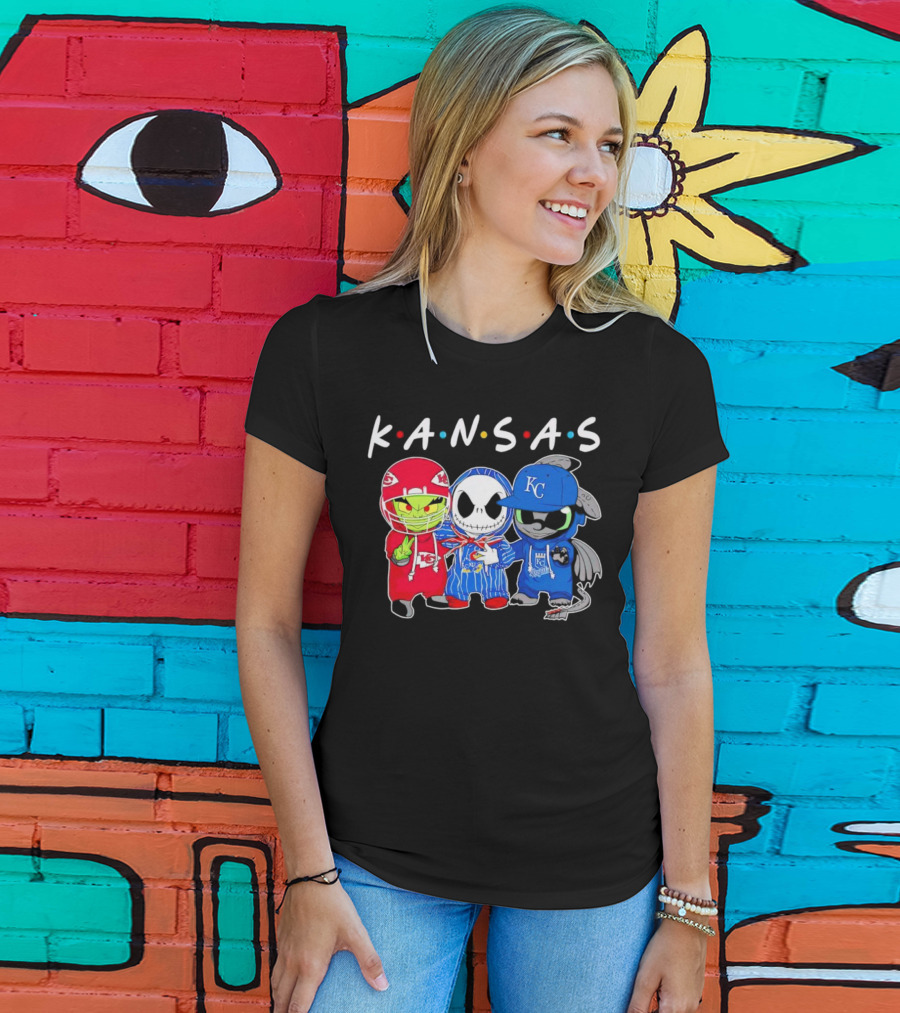 KANSAS Sports Characters Grinch Jack Skellington Toothless Chiefs Royals Jayhawks T-Shirt
