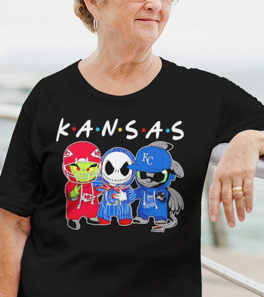 KANSAS Sports Characters Grinch Jack Skellington Toothless Chiefs Royals Jayhawks T-Shirt