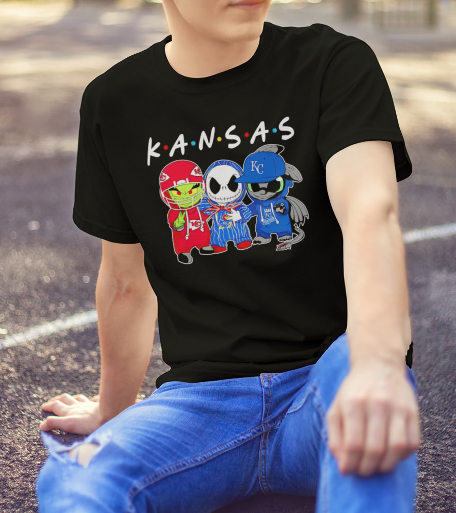 KANSAS Sports Characters Grinch Jack Skellington Toothless Chiefs Royals Jayhawks T-Shirt