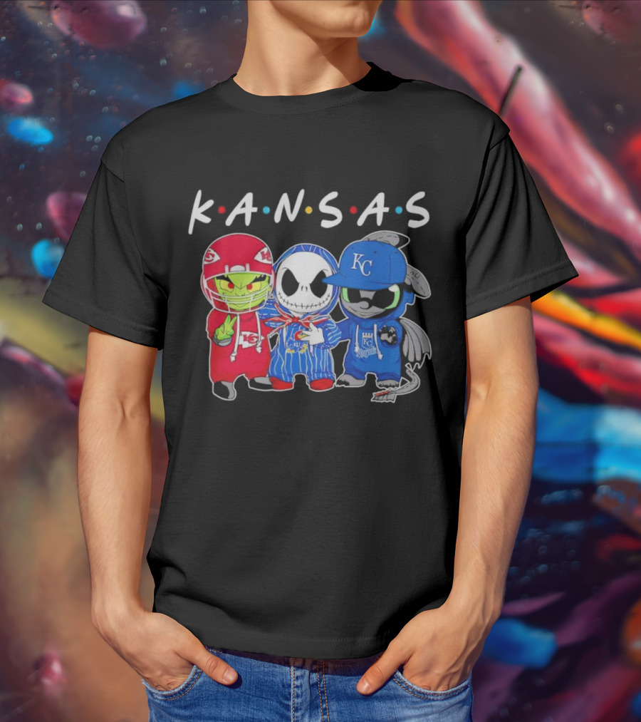 KANSAS Sports Characters Grinch Jack Skellington Toothless Chiefs Royals Jayhawks T-Shirt