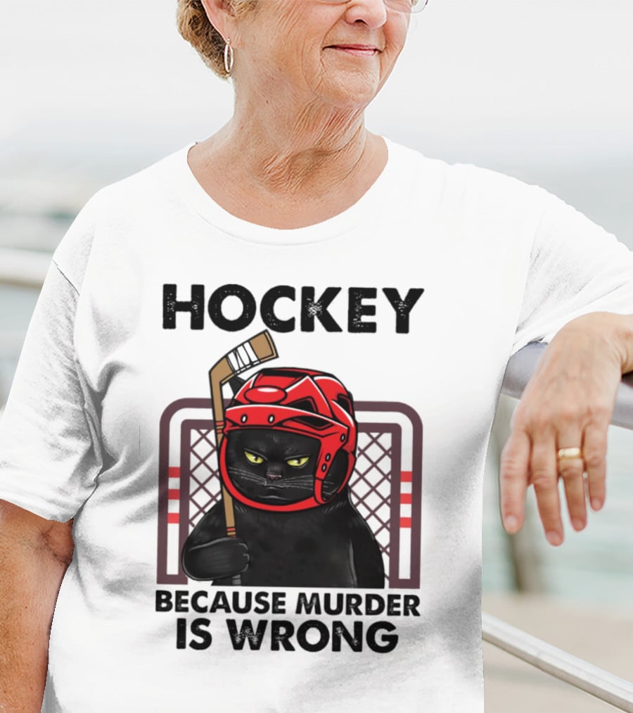Hockey Cat In Red Helmet Because Murder Is Wrong T-Shirt