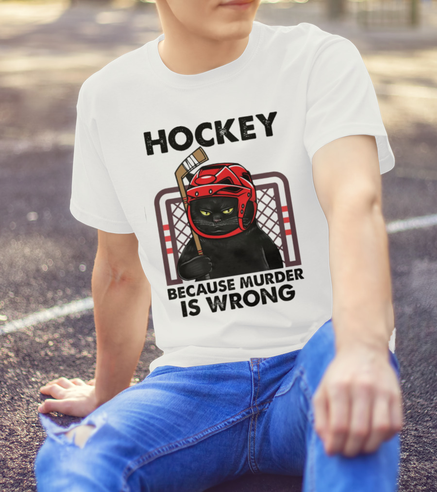 Hockey Cat In Red Helmet Because Murder Is Wrong T-Shirt