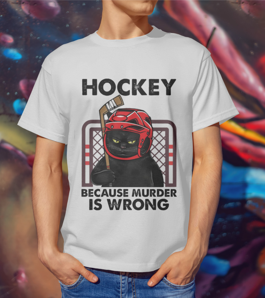 Hockey Cat In Red Helmet Because Murder Is Wrong T-Shirt