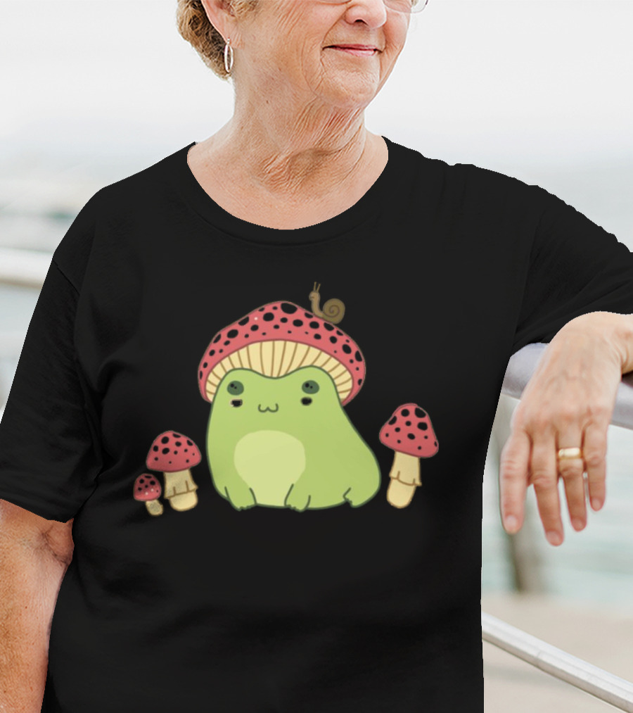 Kawaii Frog Wearing Mushroom Hat With Snail And Red Mushrooms T-Shirt