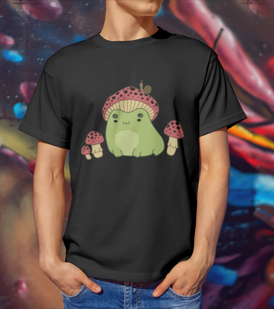 Kawaii Frog Wearing Mushroom Hat With Snail And Red Mushrooms T-Shirt