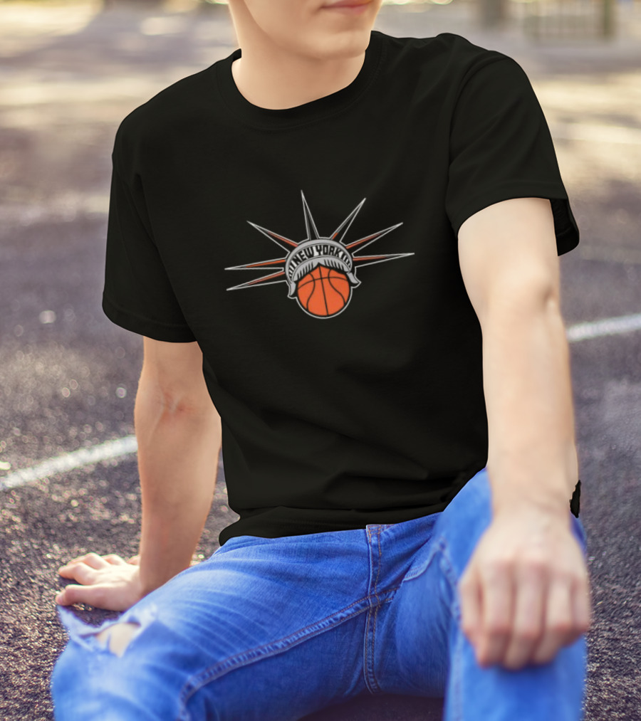 New York Basketball Liberty With Statue Spikes Ball Emblem T-Shirt