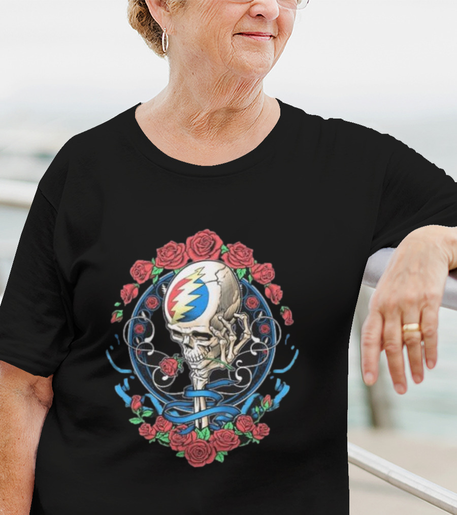 Original Grateful Dead Steal Your Face Nouveau Skull With Roses And Lightning Bolt Emblem T-Shirt